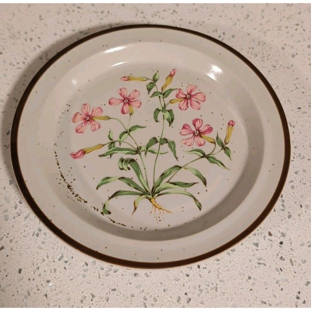 Vintage Stoneware Wild Pink No. 201 Flowers 8" Plate Japan Speckled